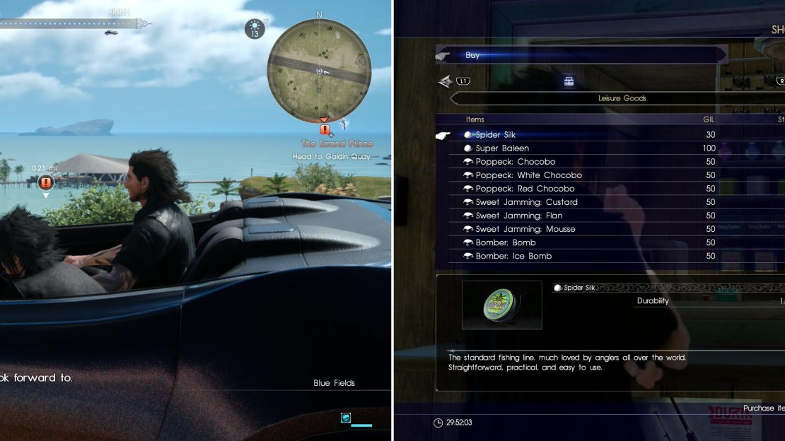 Let Ignis drive you to beautiful Galdin Quay, enjoying the sights along the way (left). Bob’s Bait Shop sells some improved fishing equipment (right).