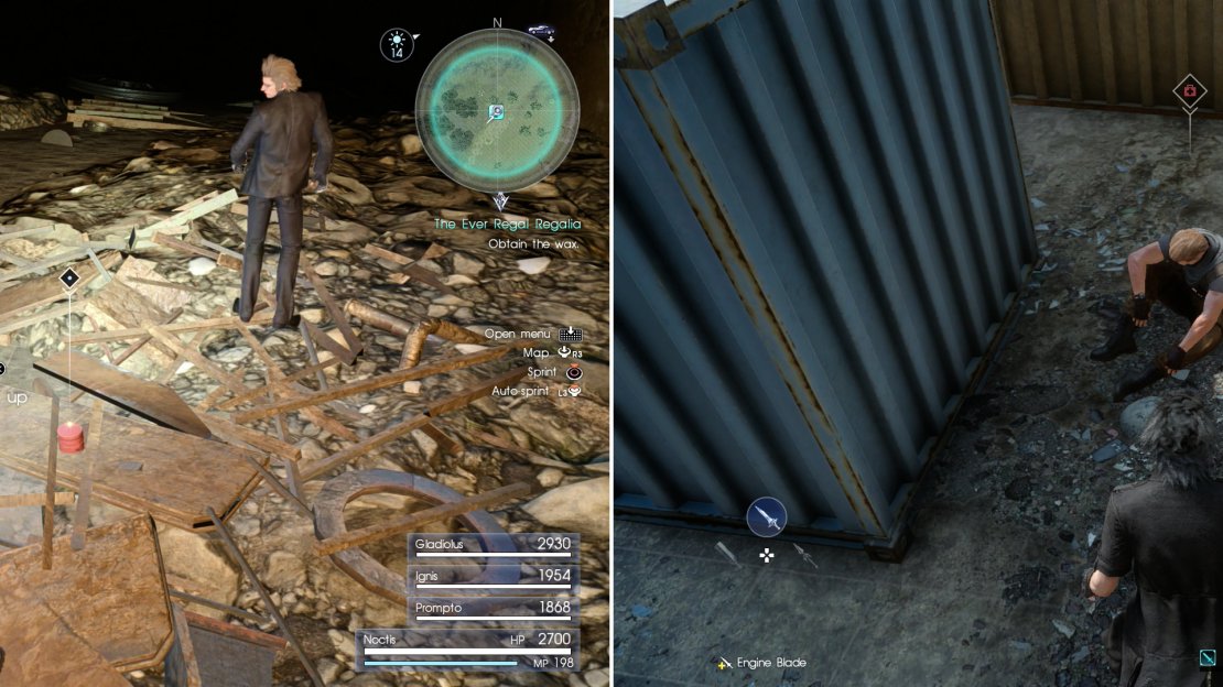 Defeat any pesky Goblins in your way and claim the rare Aero Wax (left). Outside of the mine you’ll find a wounded hunter licking his wounds amongst some shipping crates (right).