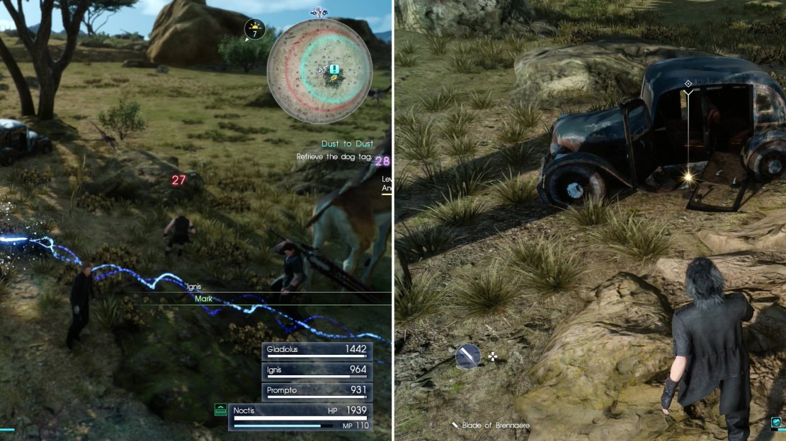 Kill the Daggerquills - and the Anak that will unfortunately be provoked at the same time (left) and claim the Bent Dog Tag near the car (right).