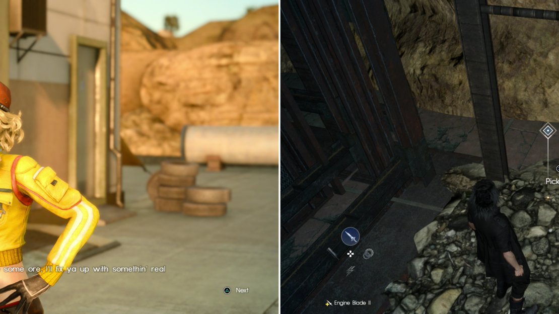 After giving her the Aero Wax, Cindy will next ask you to recover a Red Shard for her (left). While any Red Shard will do, you can find a guaranteed drop in the Balouve Mines (right).