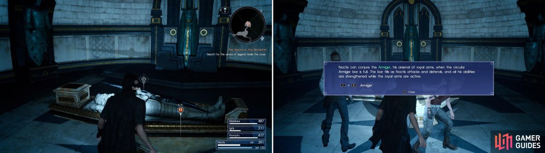 Grab the Swords of the Wanderer (left) after which you will then get access to the Armiger (right), a massive, if temporary boost to Noctis’s power.