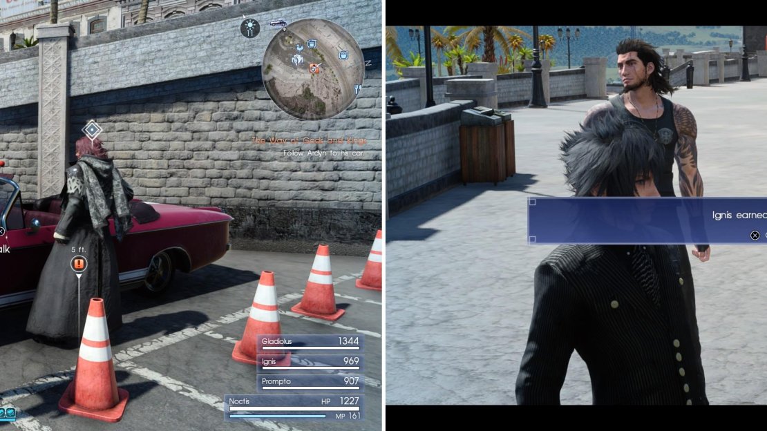 Follow Ardyn to his car (left) then select a driver for the journey (right).