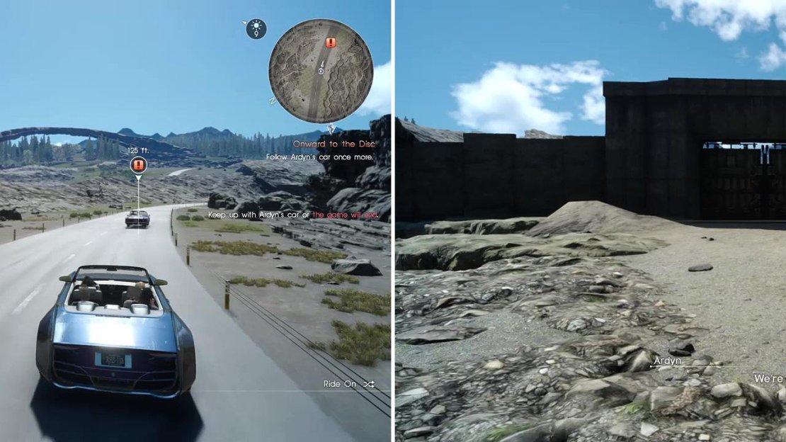 Make sure to keep up with Ardyn’s car (left) or you’ll fail the mission. Eventually you’ll pull up to the gates of the Disc (right) where Ardyn will leave you.
