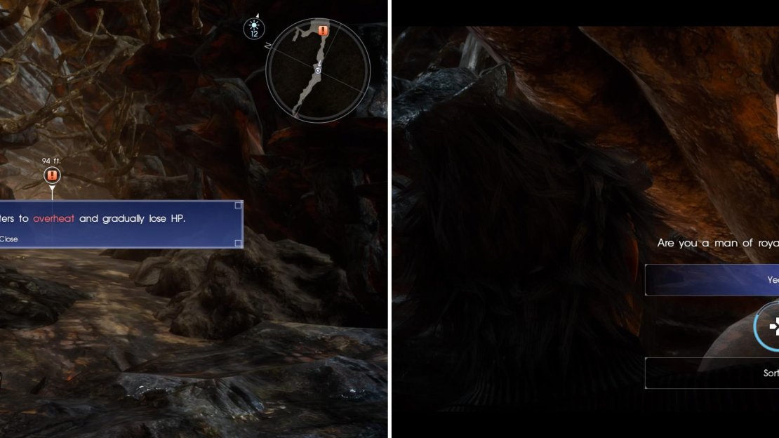 Stay out of the flames as much as you can (left) or your characters will lose HP. A bit further along, answer “Yes” to Gladiolus to get a Strength boost (right) or “Sort of” to get a Vitality boost.