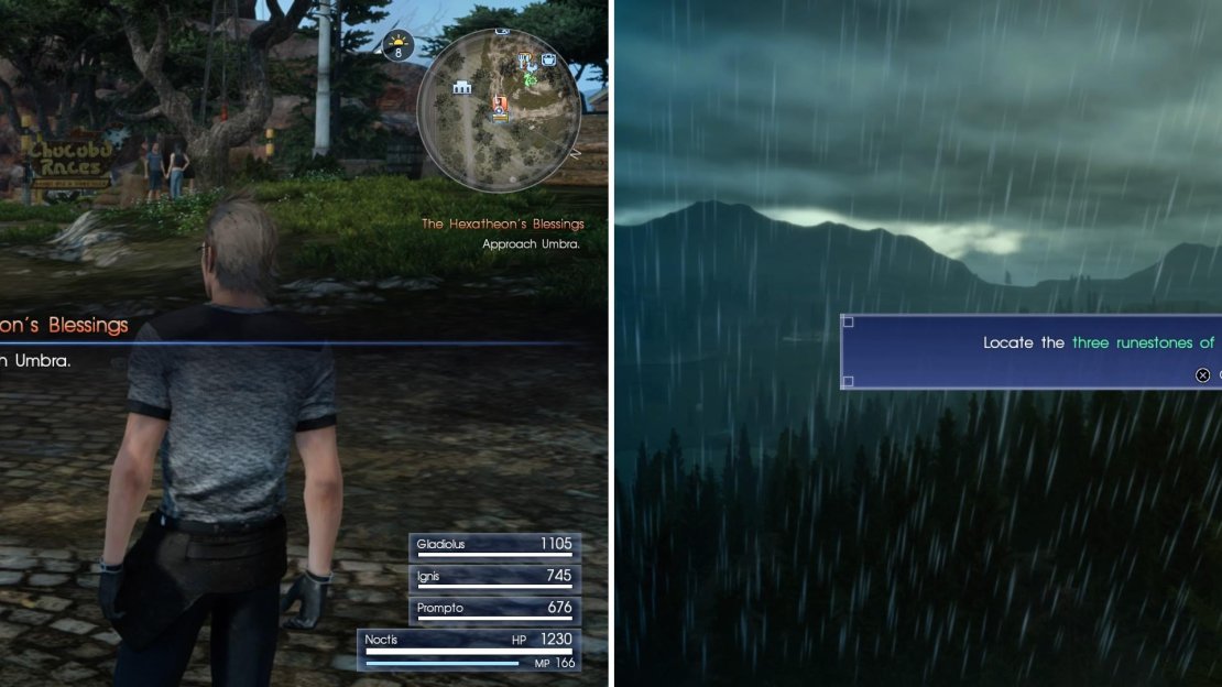 Follow Umbra (left) to meet with Gentiana and then prepare to find Ramuh’s runestones (right).