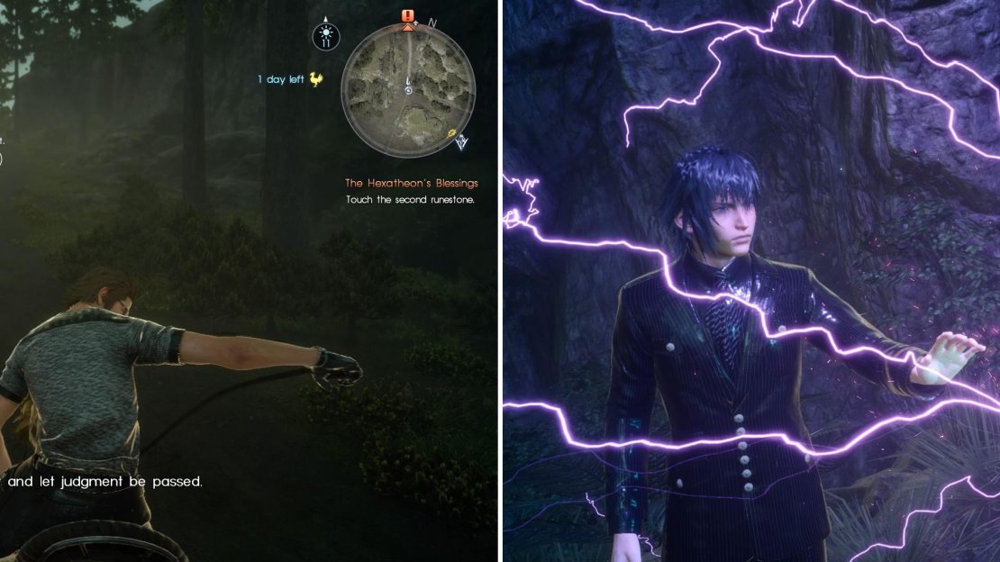Unlocking the ability to ride Chocobos (left) is a very good idea now you’re without the Regalia. When you find the Runestones, touch them to continue the quest (right).