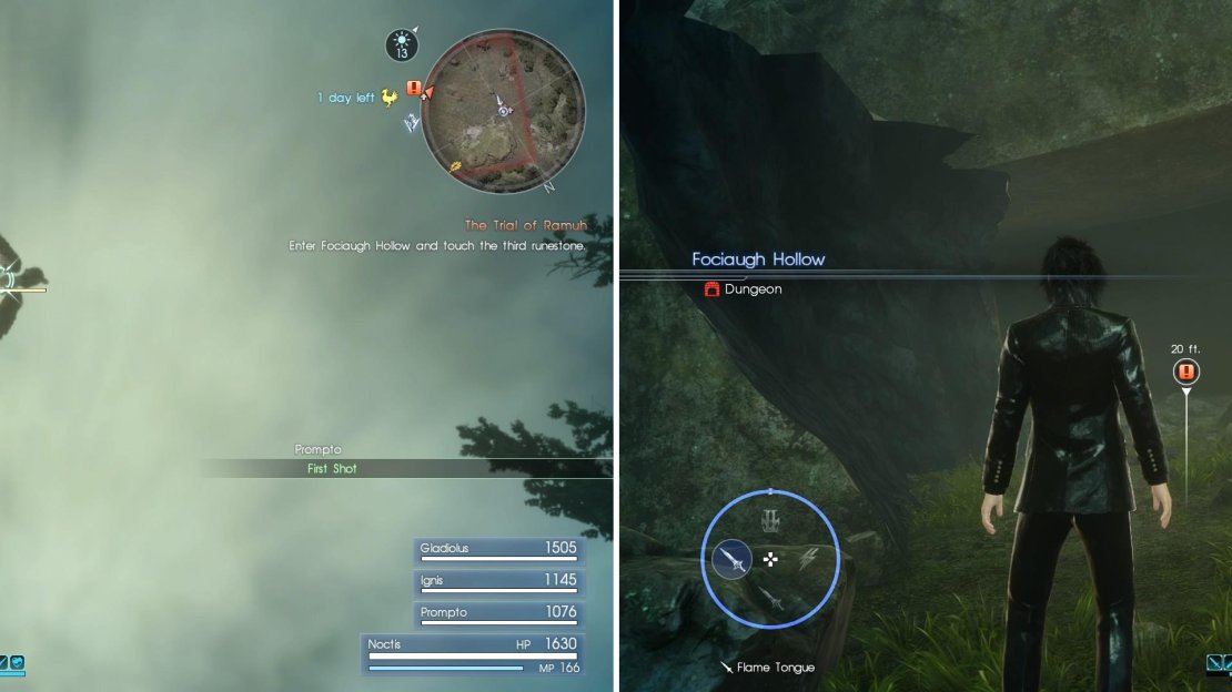 On the way to Fociaugh Hollow you may catch sight of the powerful Griffon (left), which prowls near the second Runestone. Approach the dungeon and enter (right) to begin the trial.