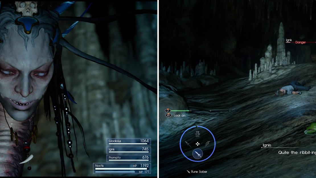 The Naga (left) is vulnerable to ice and she can also turn your party into toads (right).