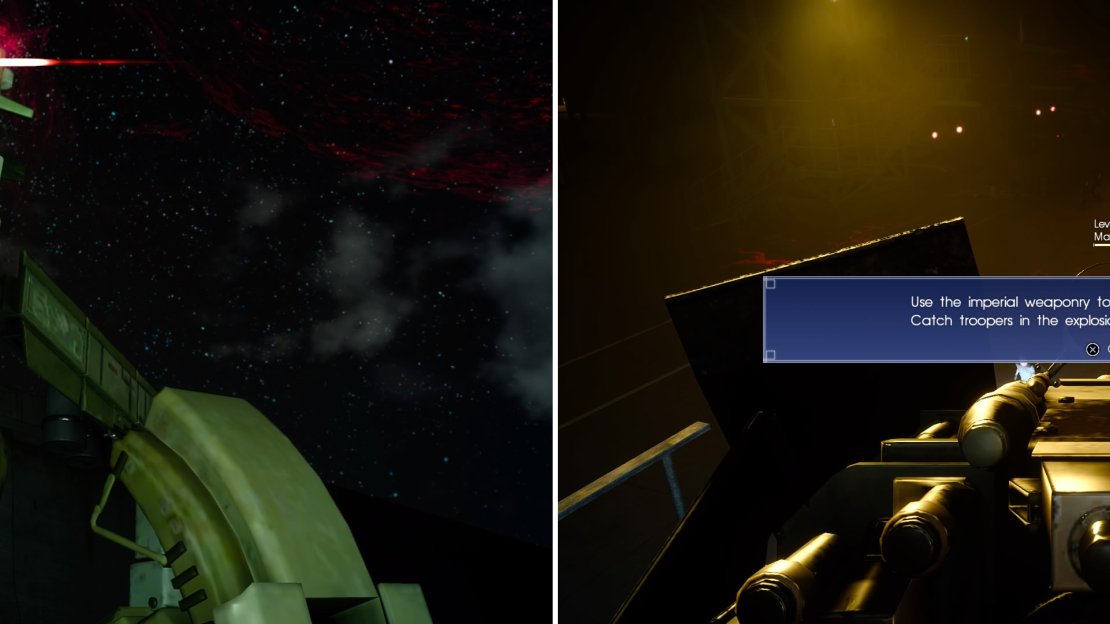 Imperial forces will pile in around (left) you but you can use their weaponry against them. The turret (right) combined with exploding energy barrels will make quick work of them.