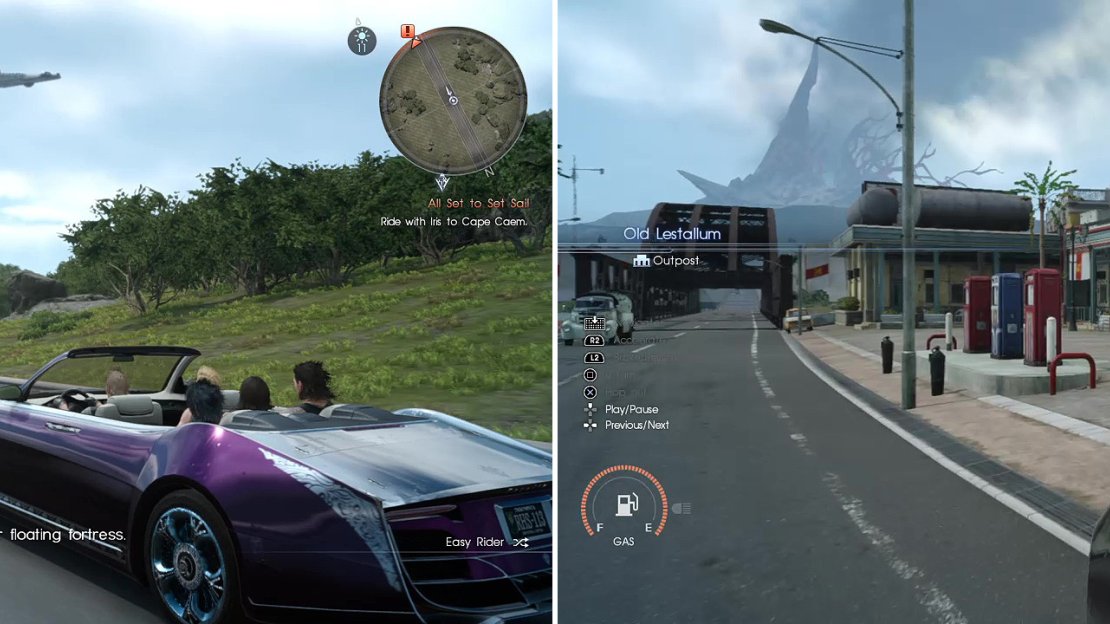 Enjoy the scenery and listen to some music as you drive (left) then pull over to begin the next quest (right).