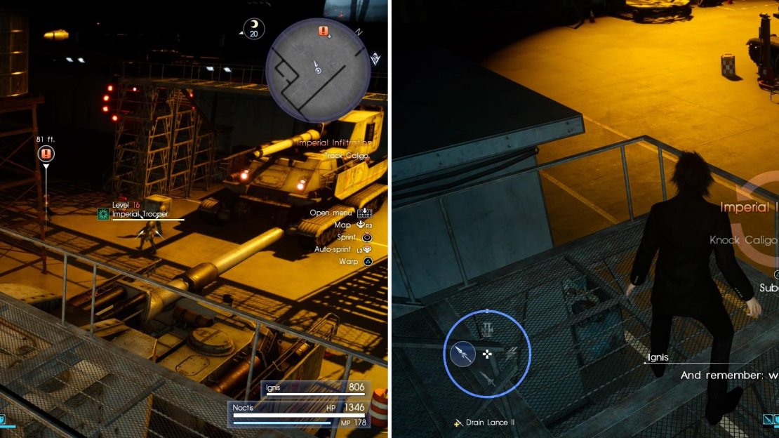 Make sure to warp to the catwalks so you survey the soldiers (left). When prompted, take out Caligo (right).