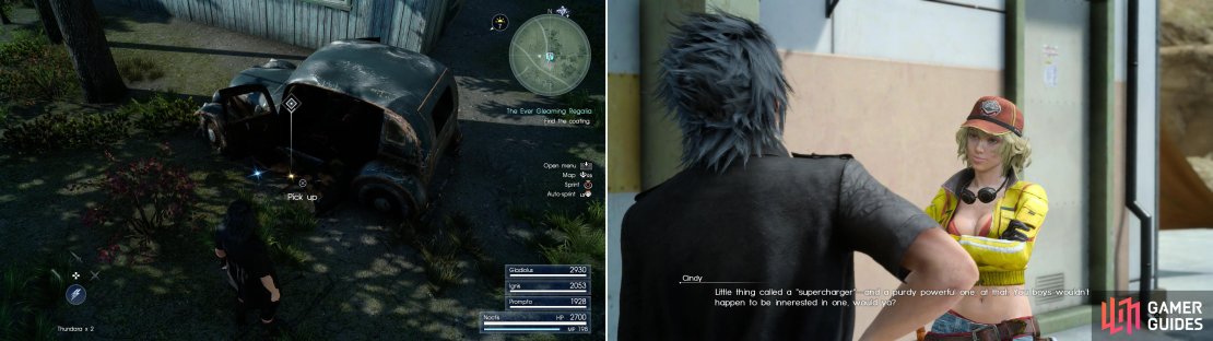 Ignore the Garula nearby and grab the Fiberglass Coating (left). Unfortunately Cindy&rsquo;s next quest will have to fester in your quest log for a while, as you can&rsquo;t venture up to the Vesperpool area just yet (right).