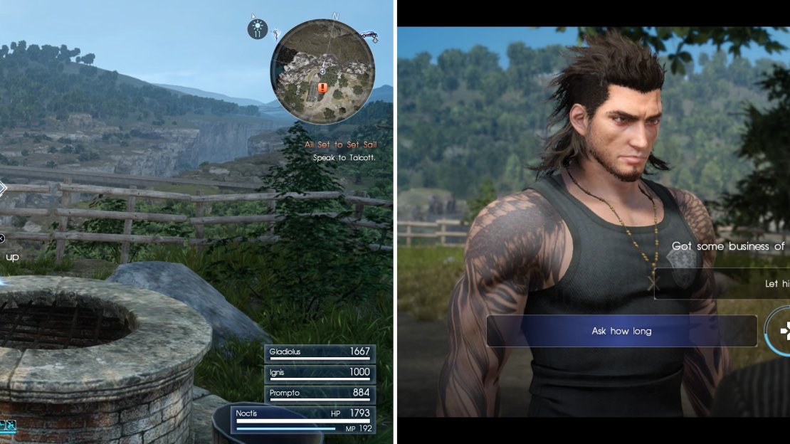 Pick up the Glass Gemstone at the well (left) before speaking with Iris. Gladio will set off alone and you can respond however you wish (right).