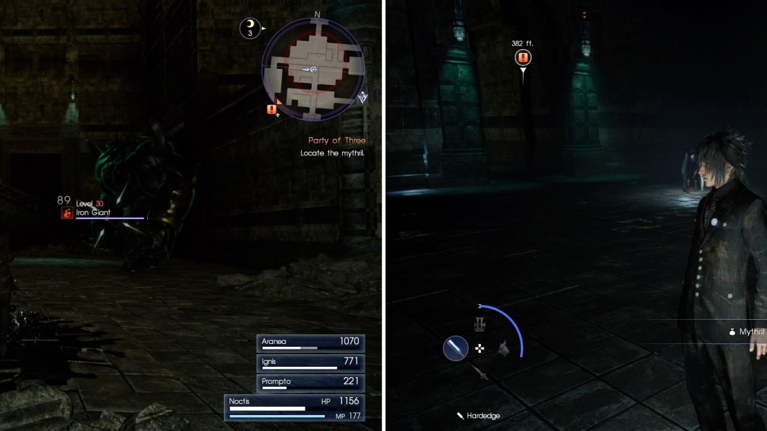 The Iron Giants here are rather nasty and powerful (left). Beware their massive sword swings. After the battle, don’t forget to pick up the Mythril Shaft (right).