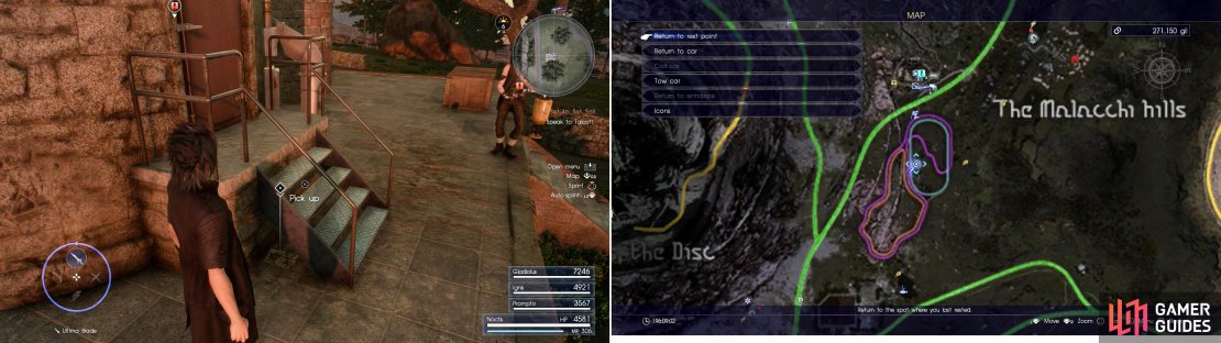 Search near the gold-domed towers amidst the Chocobo race tracks to find Mystery Map VII (left), at the area indicated on the map (right).
