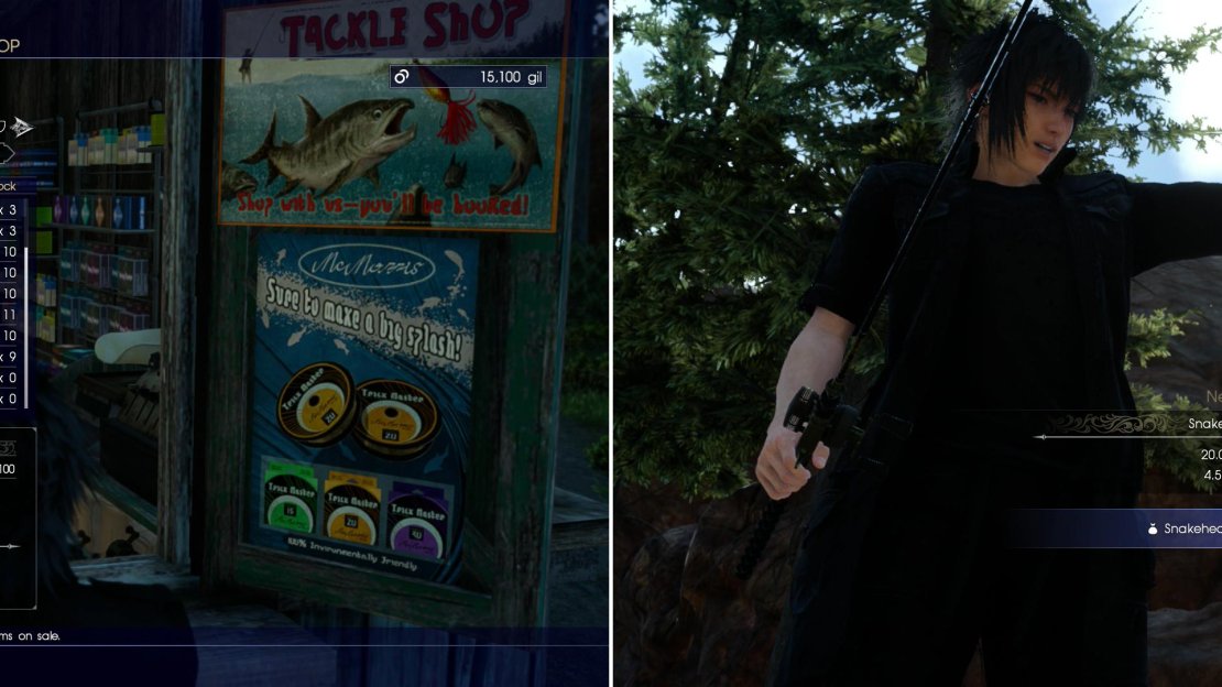 At the Dory of the Deep shop you can buy various fishing gear (left). You can also indulge in a bit of fishing nearby (right).