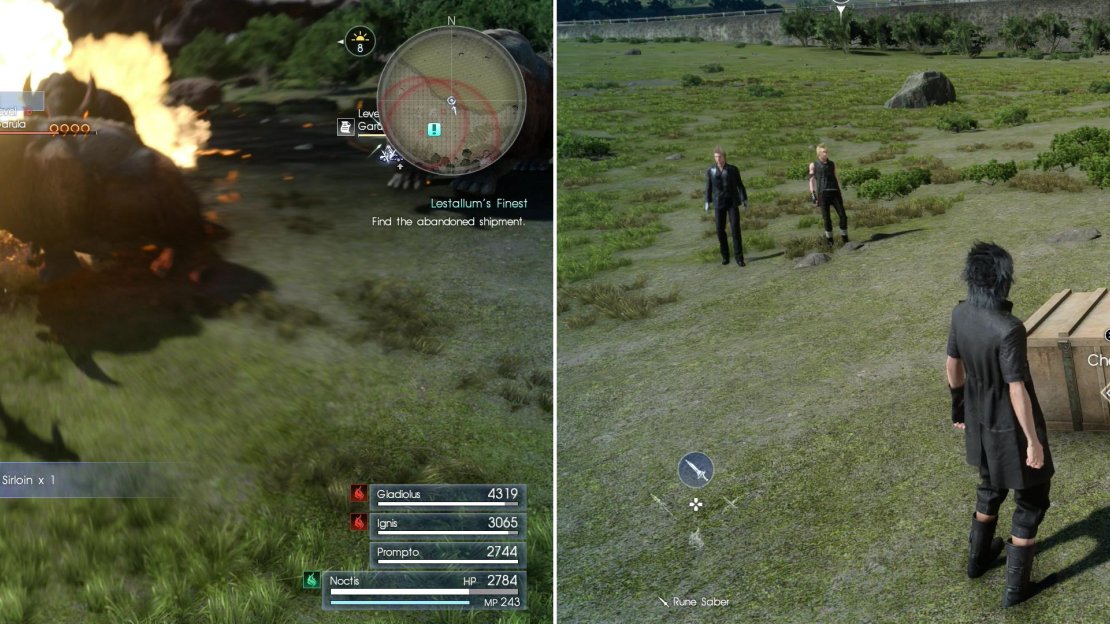 The Garulas near the shipment can be avoided, or can be evicted with some fire magic (left). Either way, claim the shipment to appease Takka (right).
