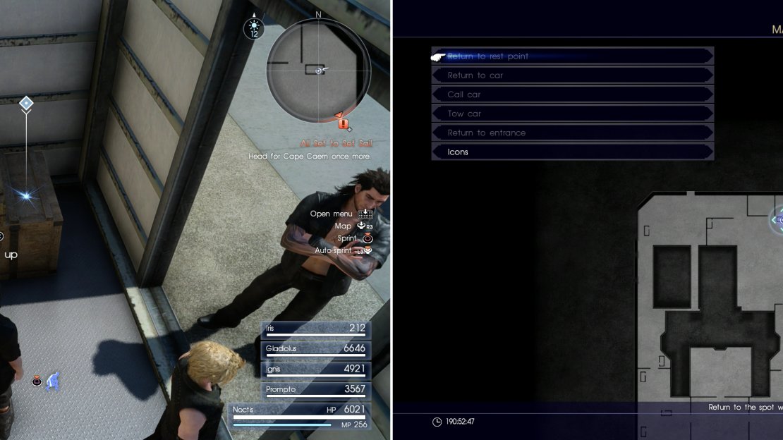 The Cerberus, a sniper rifle only Noctis can use (left) can be found at the area indicated on the map (right).