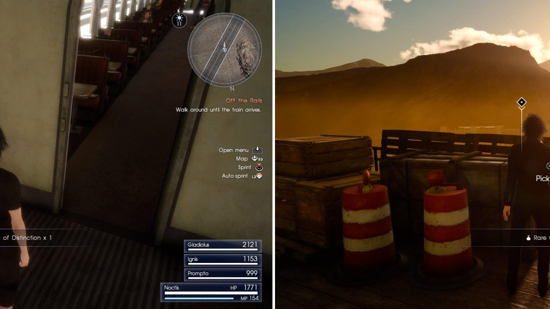 Look around the train car for items (left) and also the station when you arrive (right).