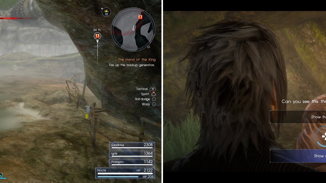 The Gigantoad (left) is blocking the path to the generator. Later, when Gladio speaks to you, select “show resolve” to receive a Vitality boost.