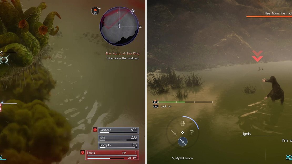 Watch out for Bad Breath (left) as this can decimate your party. Later in the battle, look for the red arrows (right) when you’re told to regroup.