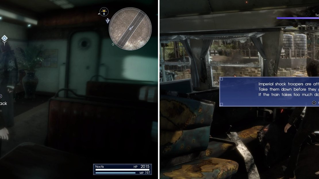 Try to attack Ardyn (left) to start the chase sequence. Later, the Empire will start to attack the train (right) which you should protect.