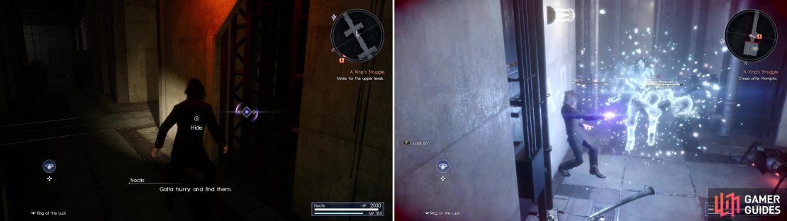 Look for hiding spots (left) if you don&rsquo;t wish to fight the Axemen though Holy (right) is very effective.