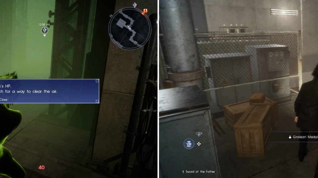 Some poison gas (left) will leak out, seeping your life away. Collect the Gralean Medal of Distinction (right) before continuing.