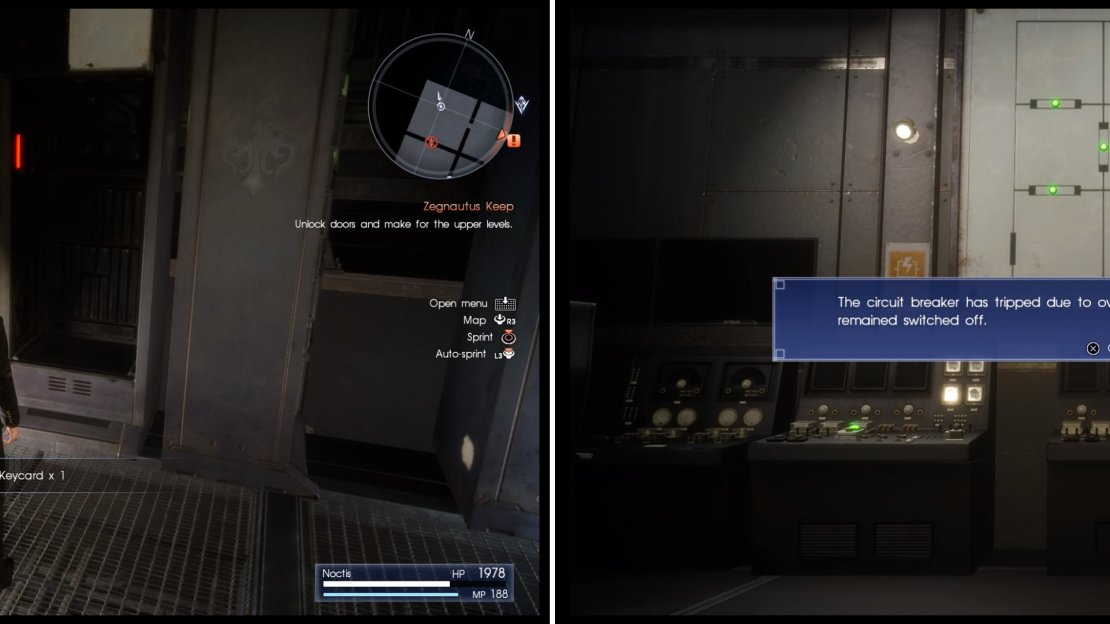 You must find the keycards (left) in this area so you can operate the circuits. However, the circuit will become overloaded (right) if you switch them all on.