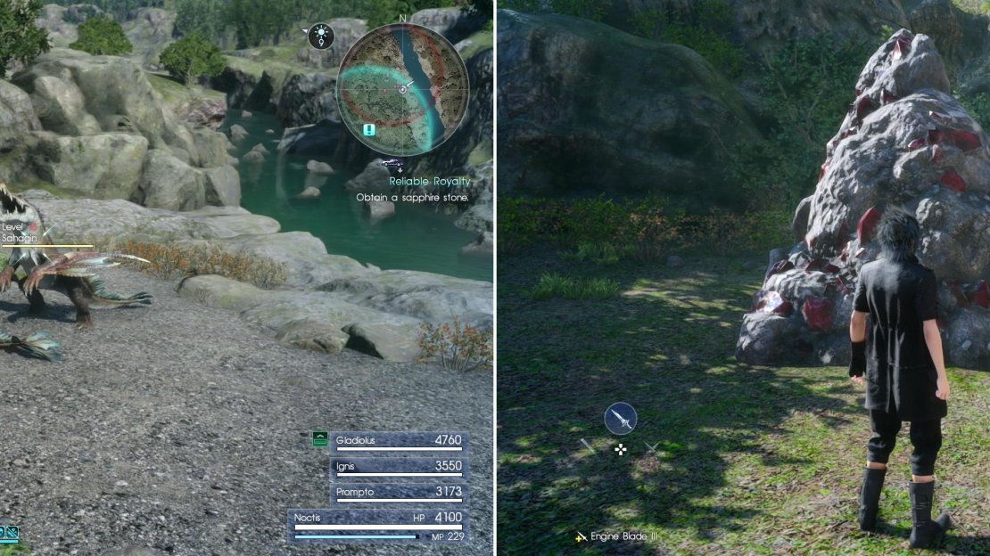 Defeat the Sahagin (left) to find the mineral deposit containing the stone Dino wants (right).