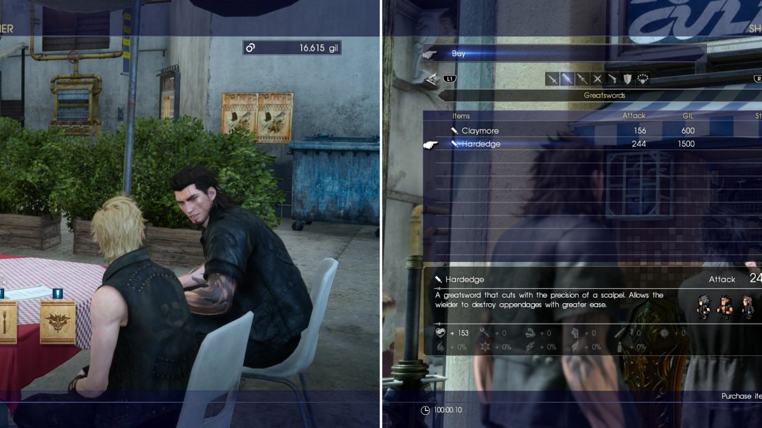 Visit the local restaurants to get intel and pick up new hunts (left), and of course, check out what new goods other shops are offering (right).