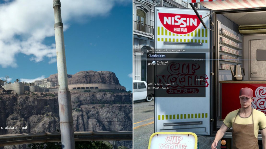On the way to Lestallum, Prompto might just bug you to take advantage of a photo op (left). Near where you park you’ll find a Cup of Noodles… Nissin must have paid good money for so much blatant promotion (right).