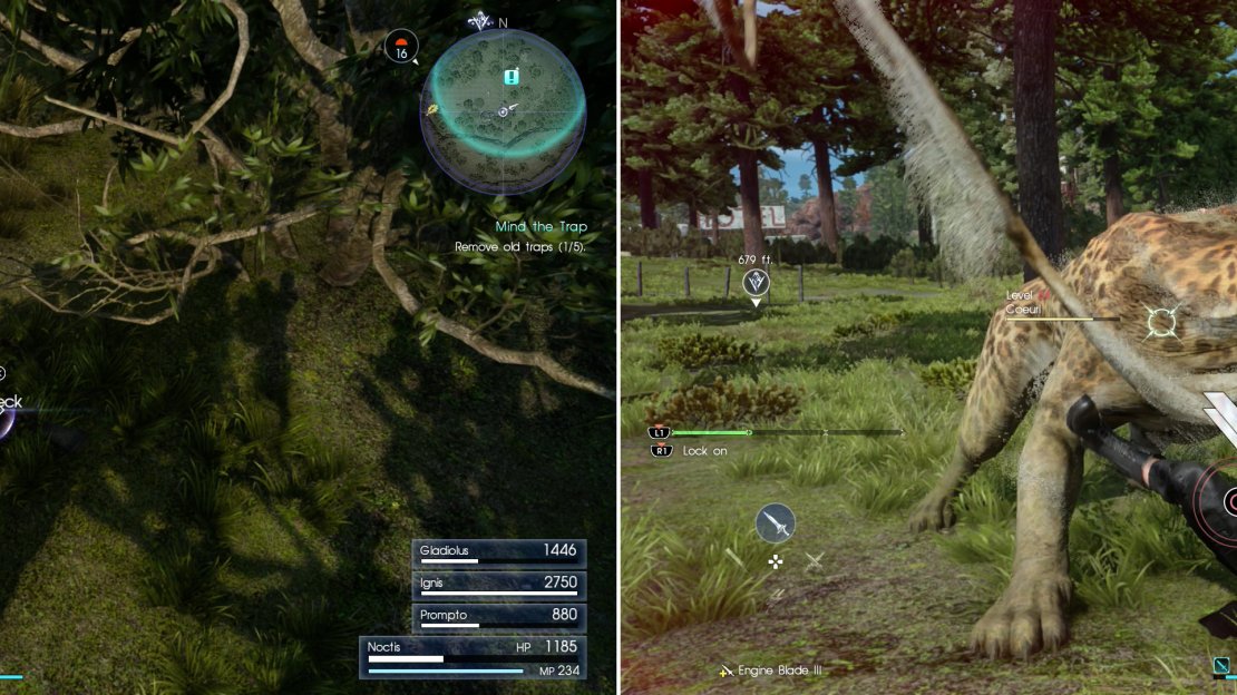 To secure the supply line for the hunter you’ll have to disarm a number of traps (left), but be wary, as Coeurls prowl the area (right).