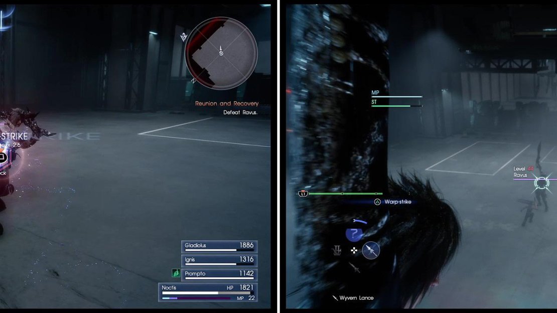 Watch out for the block prompt (left) before Ravus dashes at you. Make use of the Warp points (right) in this fight to avoid damage.