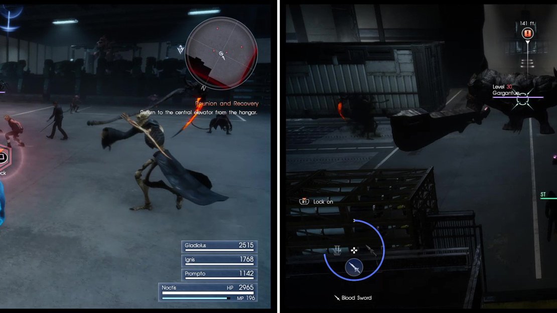Immediately after the battle with Ravus, daemons will pour into the hangar (left). After a while, you must keep running to escape with Noctis, dodging everything (right).