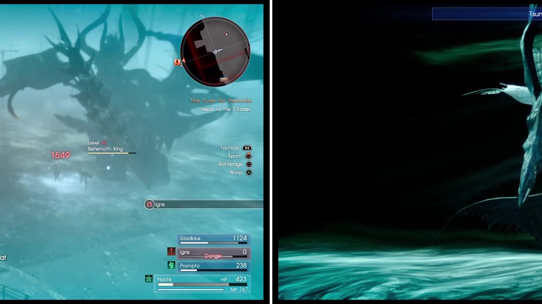 When Behemoth King freezes the arena, Point-warp (left) away. If you get lucky, a summon may arrive to help you (right).