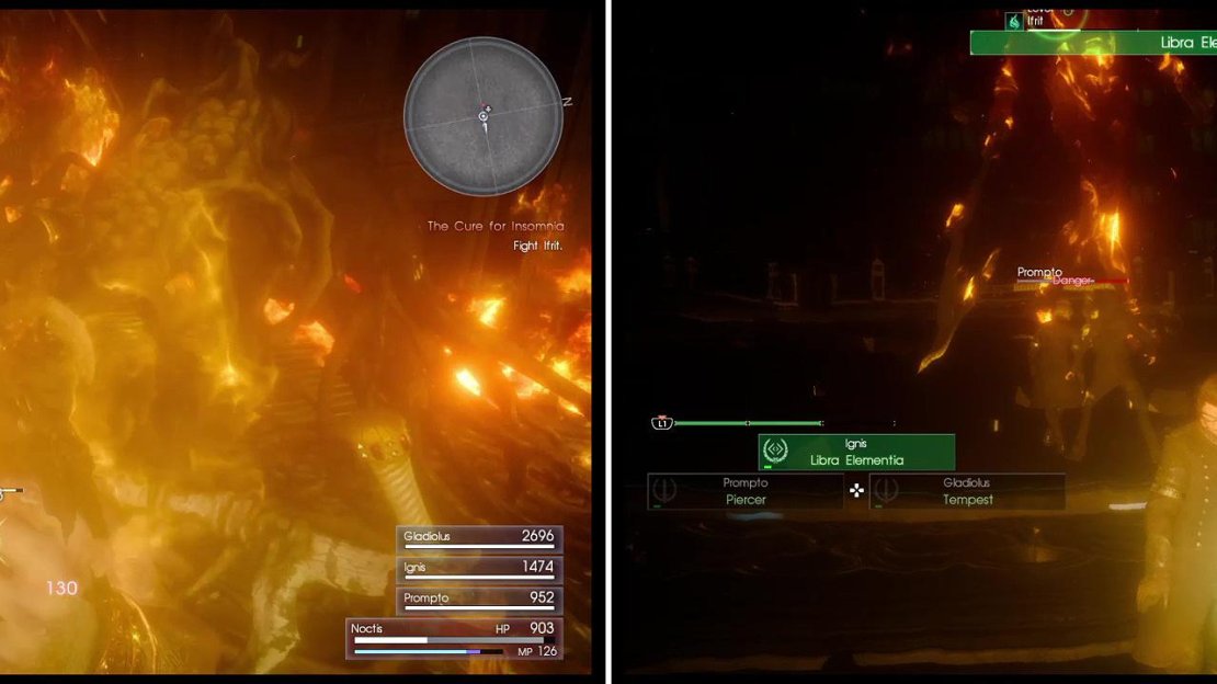 If you get too close, Ifrit can grab you for a lot of damage (left). The best way of dealing with him is Ice magic (right) so make use of Ignis.