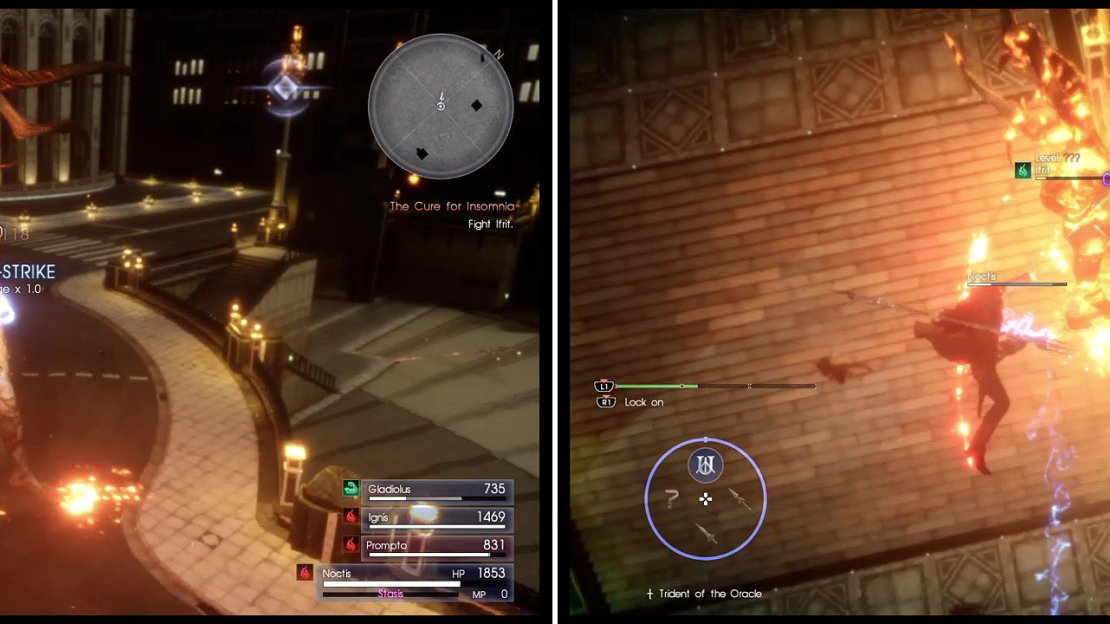 Once the flames subside briefly, go all out on him (left) especially with the Trident of the Oracle (right).