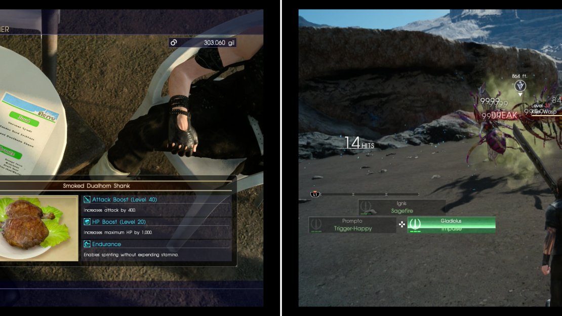 The Smoked Dualhorn Shank will give you some nice combat buffs and teach Ignis a new recipe (left). Taking on the hunt “Deadly Extermination” will allow you ot get some Barbed Scythes (right).