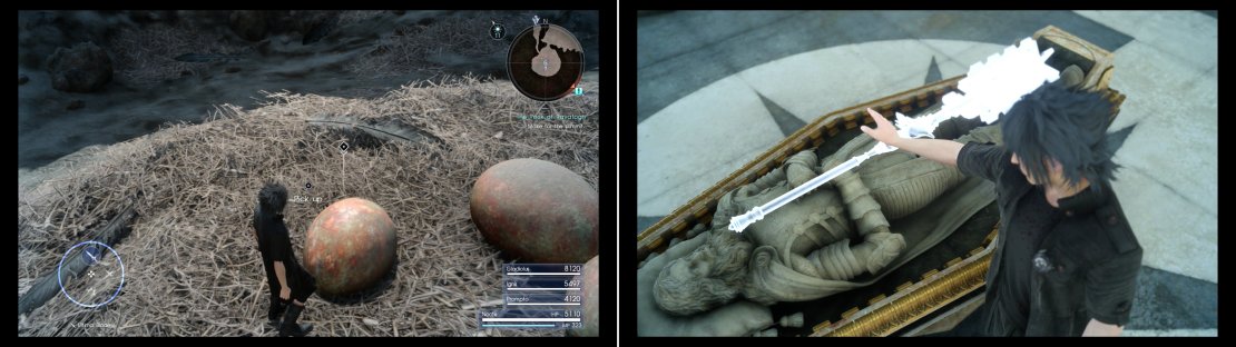 If you picked the &ldquo;egg&rdquo; variant of &ldquo;The Perfect Cup&rdquo; you&rsquo;ll find a Zu Egg you can plunder (left). Beyond the Zu&rsquo;s nest you&rsquo;ll find the Tomb of the Fierce, where you can obtain the Mace of the Fierce (right).