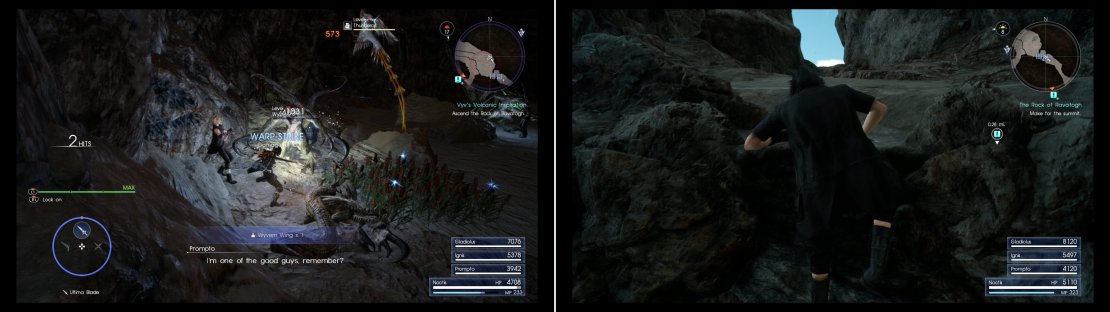 Kill Wyverns to harvest Wyvern Wings for Sania (left). To reach the summit of Ravatogh you&rsquo;ll need to climb some sheer cliffs (right).