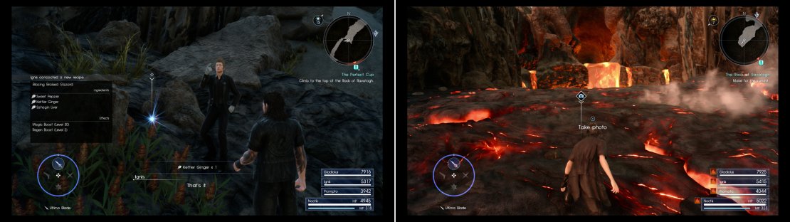 Grab some Kettier Ginger during your climb to teach Ignis a new recipe 9left). After braving a fiery slope you&rsquo;ll be able to snap the photo Vyv wants (right).