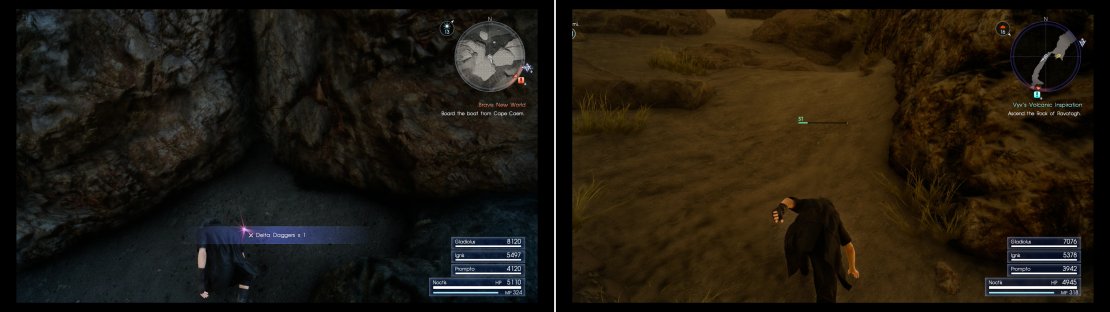 Before you enter the dungeon, search a Treasure Spot to find some Delta Daggers (right). You&rsquo;ll have to expend stamina to ascend a steep incline (right).