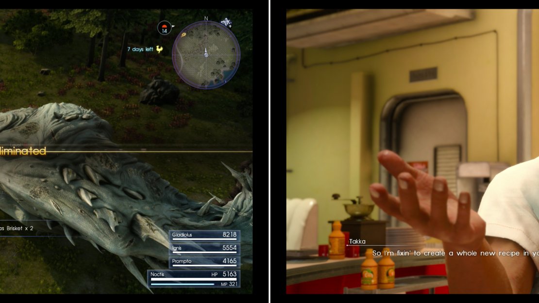Take on the hunt “Marsh Madness! The Giant Awakens” to fight a Catoblepas, hopefully obtaining some Catoblepas Brisket when it falls (left) then return to Takka and he’ll whip you up a new meal (right).