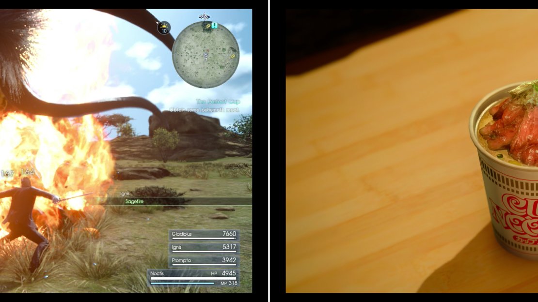 If you picked the “meat” variant of “The Perfect Cup” you’ll find a Rogue Behemoth south of the Prairie Outpost (left). Out of so mighty a foe, just enough meat is used to adorn a Cup Noodle meal (right).