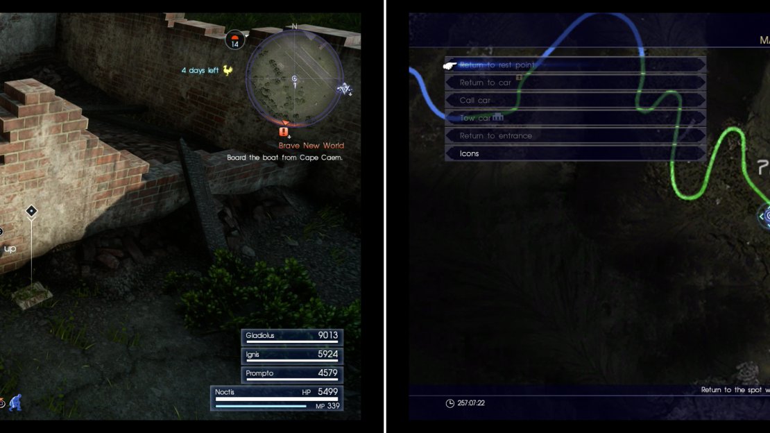 Search some ruins near Apline Stable Parking Spot to find Mystery Map XI (left) at the marked location on the map (right).
