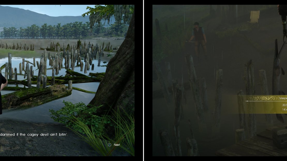 Near The Vesperpool - West Bank Fishing Spot you’ll find your fishing buddy Navyth, who challenges you tocatch a Vesper Gar (left). Hook this fiesty fish to impress even Navyth (right).