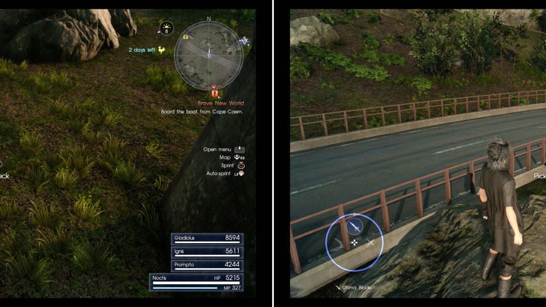 Search under the highway to find a magazine that’ll teach Ignis a new recipe (left) then scale a rock to find a Treasure Spot that yields a Cactuary Needle (right).