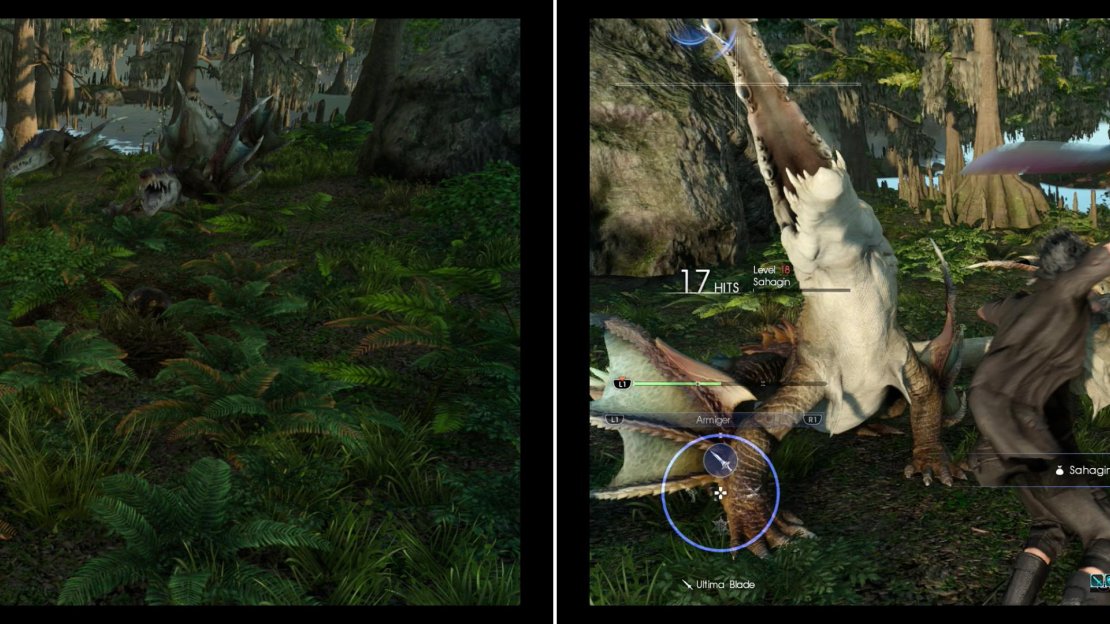 Fine the Black Chocobo Egg to discover that some other, hungry predators want the egg (left). Teach the Sahagin their place in the food chain and protect the egg (right).
