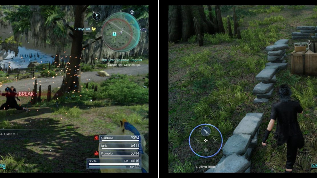 Kill the Cockatrice and her family of Basilisks and Chickatrices (left) then search near some crates near a car to find the Supercharger (right).